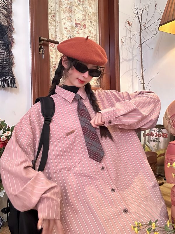 Vintage Striped Long Sleeve Shirt for Men and Women - Versatile Loose Fit Tie Top for Spring and Autumn, Y2K American Style