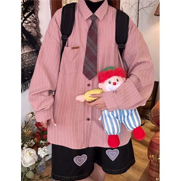Vintage Striped Long Sleeve Shirt for Men and Women - Versatile Loose Fit Tie Top for Spring and Autumn, Y2K American Style