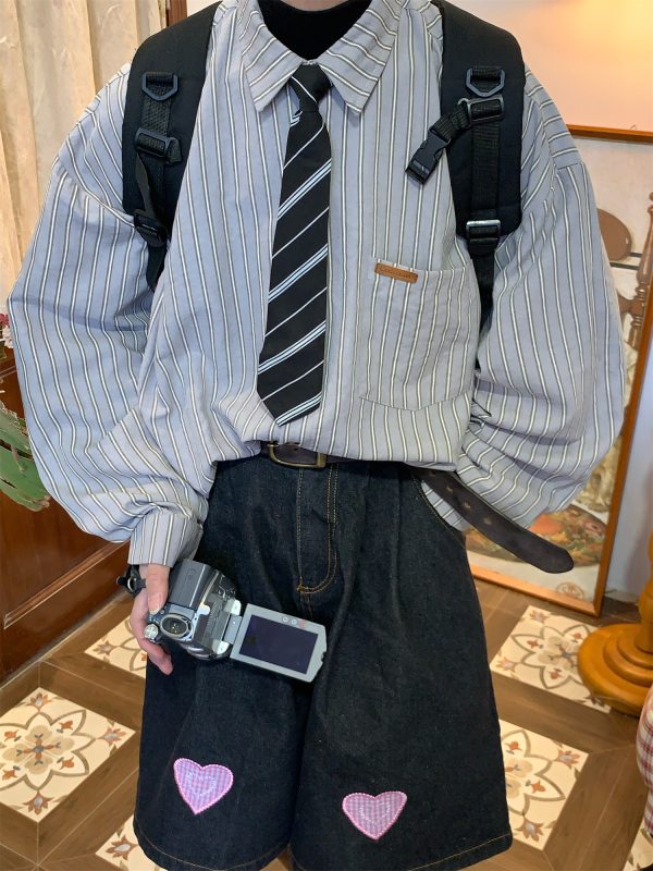 Vintage Striped Long Sleeve Shirt for Men and Women - Versatile Loose Fit Tie Top for Spring and Autumn, Y2K American Style