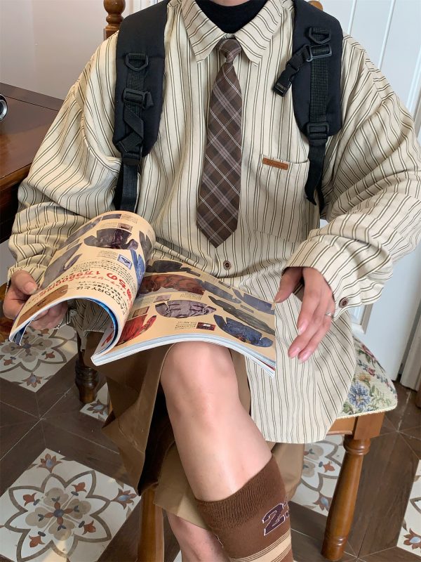 Vintage Striped Long Sleeve Shirt for Men and Women - Versatile Loose Fit Tie Top for Spring and Autumn, Y2K American Style