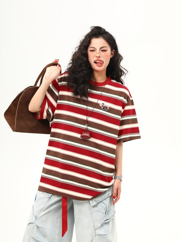 Vintage Striped Sausage Dog Embroidered Short Sleeve T-Shirt for Women - Loose Fit Summer Tee, Casual Style