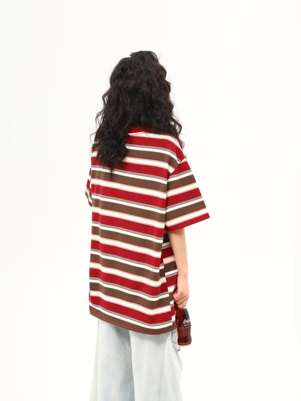 Vintage Striped Sausage Dog Embroidered Short Sleeve T-Shirt for Women - Loose Fit Summer Tee, Casual Style