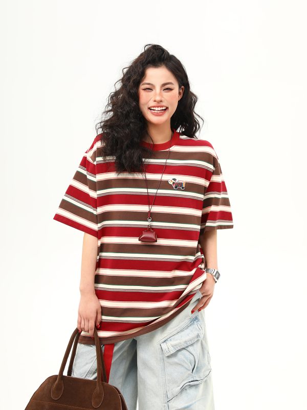 Vintage Striped Sausage Dog Embroidered Short Sleeve T-Shirt for Women - Loose Fit Summer Tee, Casual Style