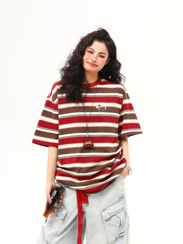 Vintage Striped Sausage Dog Embroidered Short Sleeve T-Shirt for Women - Loose Fit Summer Tee, Casual Style