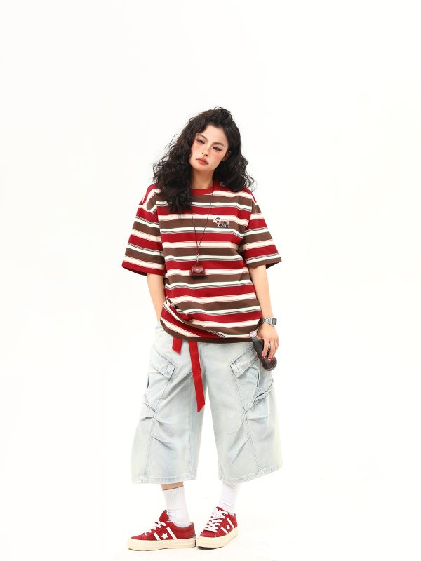 Vintage Striped Sausage Dog Embroidered Short Sleeve T-Shirt for Women - Loose Fit Summer Tee, Casual Style