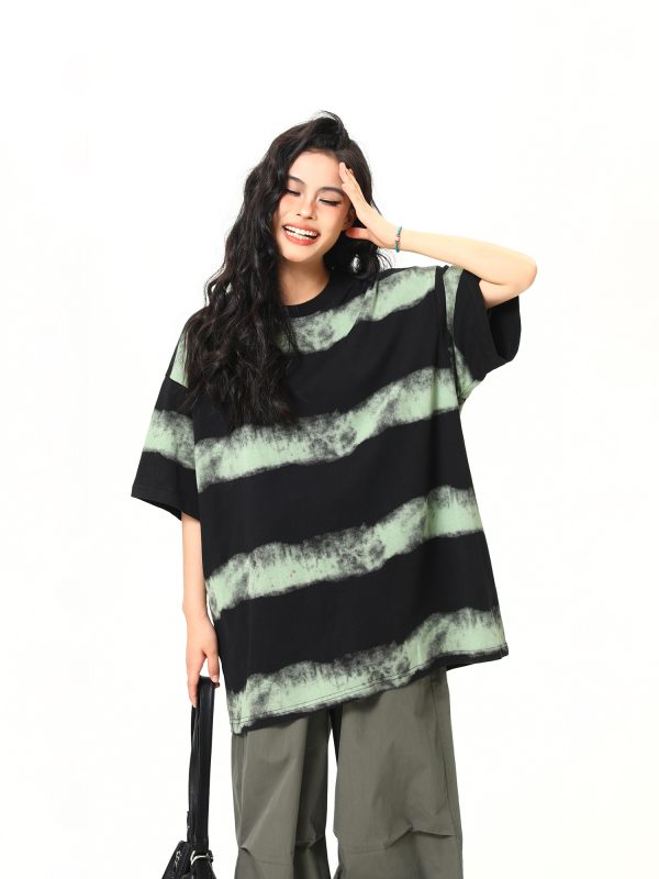 Vintage Striped Short Sleeve T-Shirt for Women - Loose Fit, Trendy Niche Design, Summer Style, Perfect for 90s & Y2K Looks