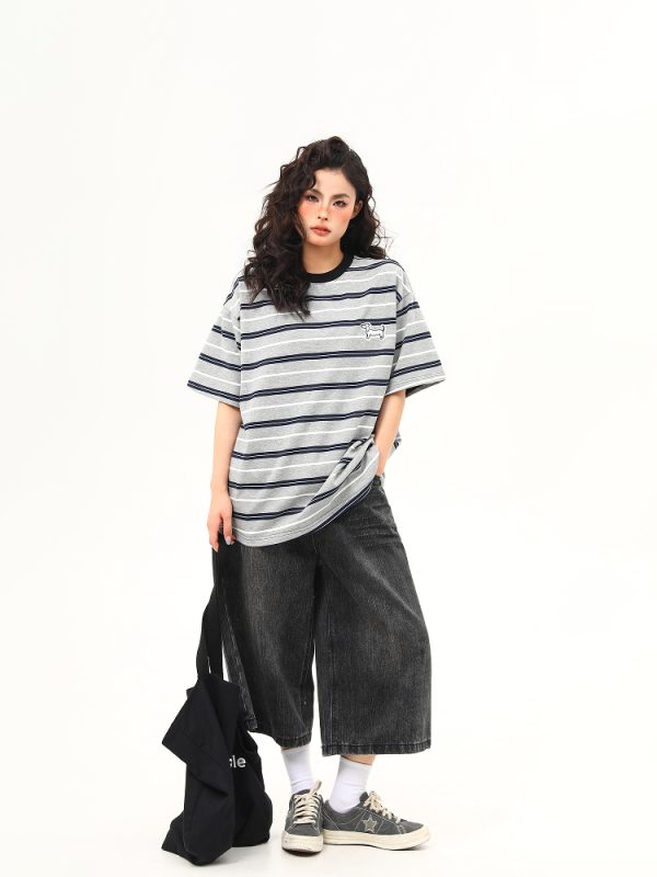 Vintage Striped Short Sleeve T-Shirt for Women with Dog Embroidery - Loose High-Quality Gray Tee, Perfect for Casual Y2K Style