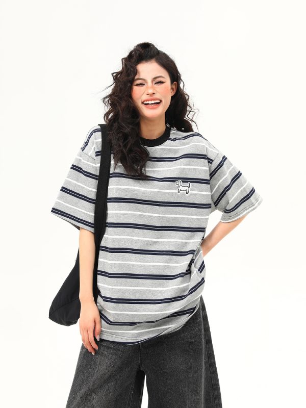 Vintage Striped Short Sleeve T-Shirt for Women with Dog Embroidery - Loose High-Quality Gray Tee, Perfect for Casual Y2K Style