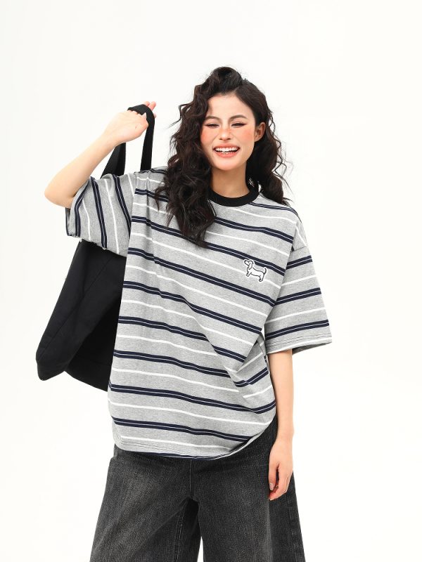 Vintage Striped Short Sleeve T-Shirt for Women with Dog Embroidery - Loose High-Quality Gray Tee, Perfect for Casual Y2K Style