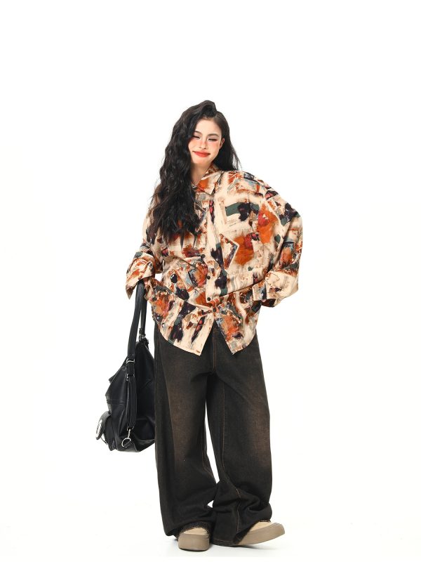Vintage Style Oil Painting Short Sleeve Shirt for Women - Trendy Loose Fit Summer Top 2025, Boho Aesthetic Fashion