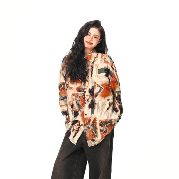 Vintage Style Oil Painting Short Sleeve Shirt for Women - Trendy Loose Fit Summer Top 2025, Boho Aesthetic Fashion