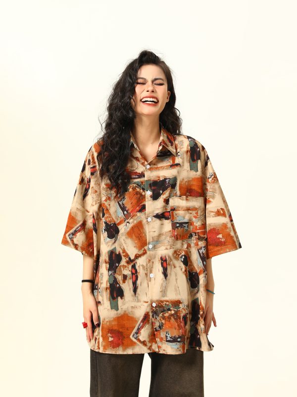Vintage Style Oil Painting Short Sleeve Shirt for Women - Trendy Loose Fit Summer Top 2025, Boho Aesthetic Fashion