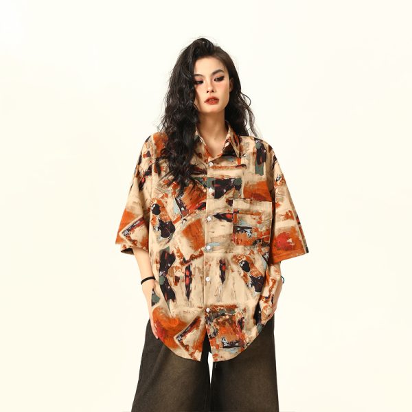 Vintage Style Oil Painting Short Sleeve Shirt for Women - Trendy Loose Fit Summer Top 2025, Boho Aesthetic Fashion
