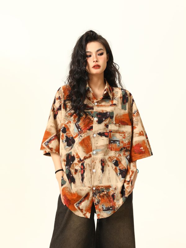 Vintage Style Oil Painting Short Sleeve Shirt for Women - Trendy Loose Fit Summer Top 2025, Boho Aesthetic Fashion