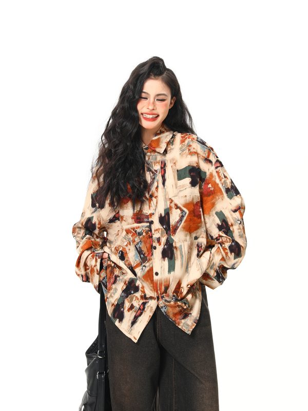 Vintage Style Oil Painting Short Sleeve Shirt for Women - Trendy Loose Fit Summer Top 2025, Boho Aesthetic Fashion
