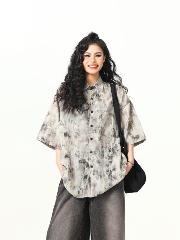 Vintage Tie-Dye Short Sleeve Shirt for Women - Wild A-Zi National Style Ink Wash, Retro American Trendy Fashion Top