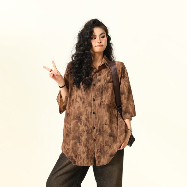 Vintage Tie-Dye Short Sleeve Shirt for Women - Wild A-Zi National Style Ink Wash, Retro American Trendy Fashion Top
