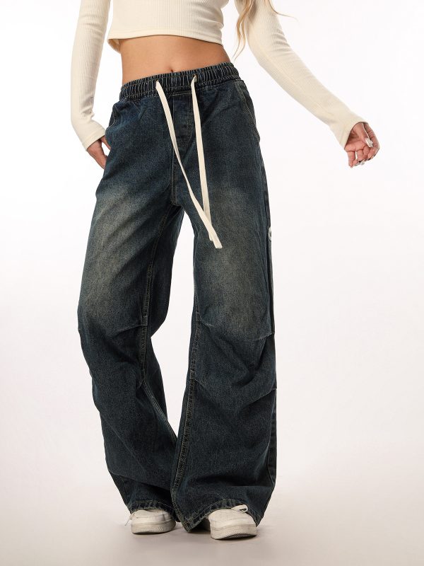 Vintage Wash Distressed Elastic Waist Women's Wide-Leg Jeans - Casual Straight Fit Beer Team Captain Style