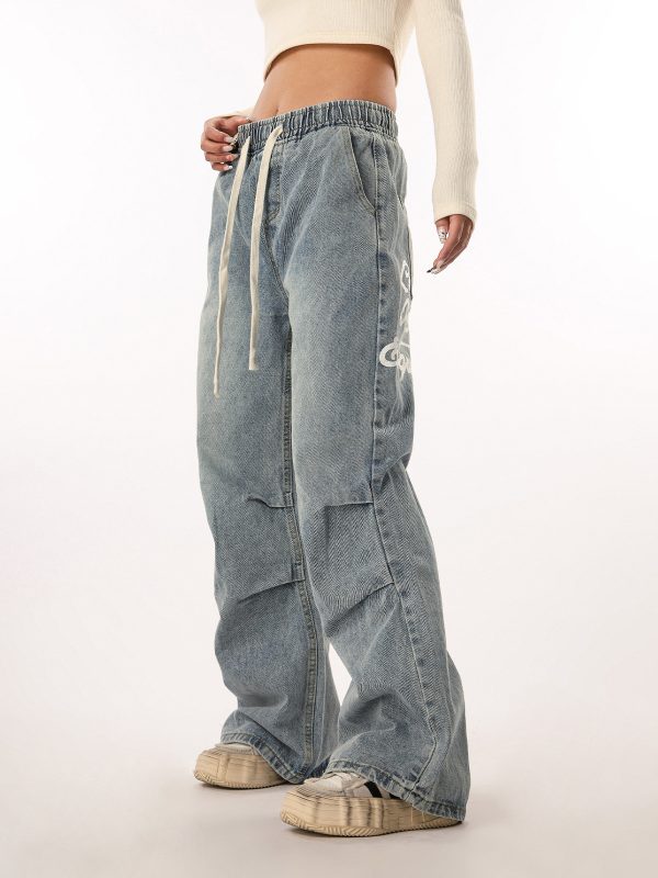 Vintage Wash Distressed Elastic Waist Women's Wide-Leg Jeans - Casual Straight Fit Beer Team Captain Style