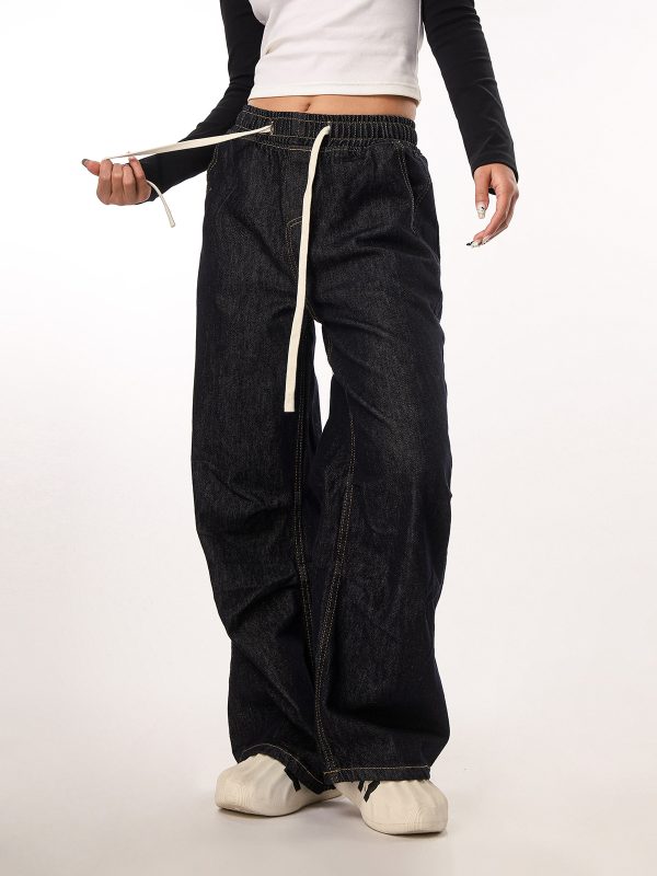 Vintage Wash Distressed Elastic Waist Women's Wide-Leg Jeans - Casual Straight Fit Beer Team Captain Style