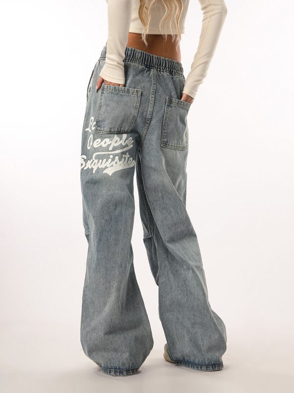 Vintage Wash Distressed Elastic Waist Women's Wide-Leg Jeans - Casual Straight Fit Beer Team Captain Style