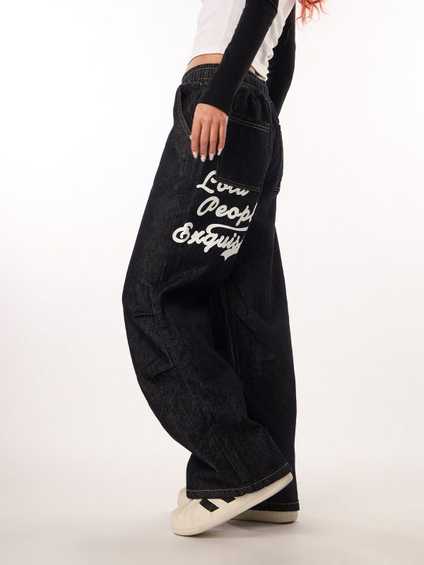 Vintage Wash Distressed Elastic Waist Women's Wide-Leg Jeans - Casual Straight Fit Beer Team Captain Style