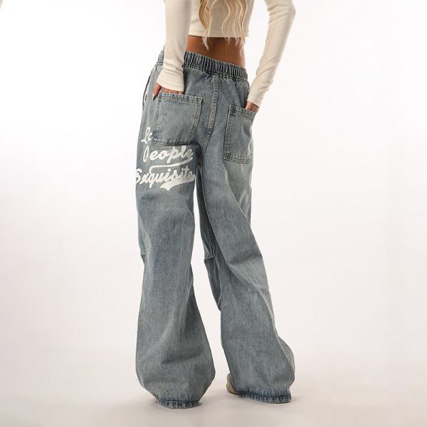 Vintage Wash Distressed Elastic Waist Women's Wide-Leg Jeans - Casual Straight Fit Beer Team Captain Style