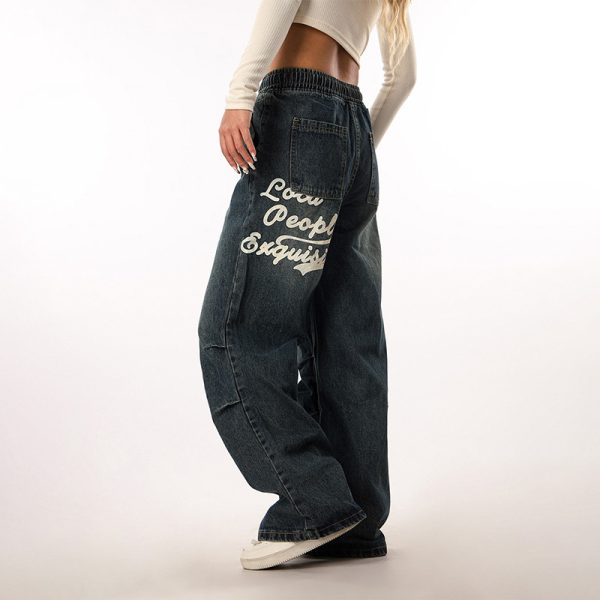Vintage Wash Distressed Elastic Waist Women's Wide-Leg Jeans - Casual Straight Fit Beer Team Captain Style