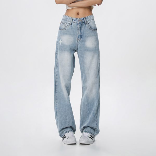 Vintage Wash Distressed Light Blue Straight Leg Jeans for Women | Wide Leg Pants Inspired by 90s American Casual Style