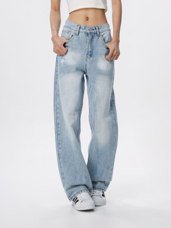 Vintage Wash Distressed Light Blue Straight Leg Jeans for Women | Wide Leg Pants Inspired by 90s American Casual Style