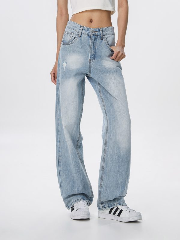 Vintage Wash Distressed Light Blue Straight Leg Jeans for Women | Wide Leg Pants Inspired by 90s American Casual Style
