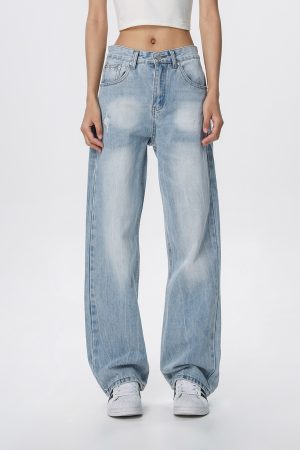 Vintage Wash Distressed Light Blue Straight Leg Jeans for Women | Wide Leg Pants Inspired by 90s American Casual Style