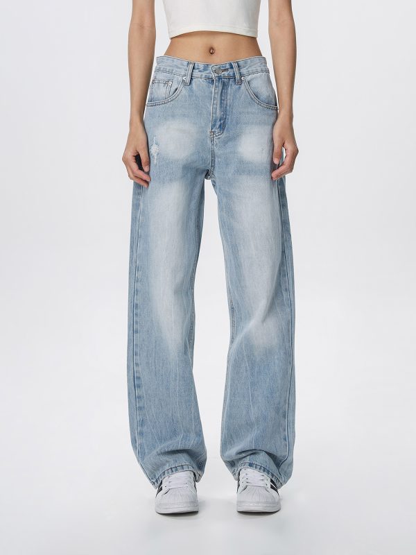 Vintage Wash Distressed Light Blue Straight Leg Jeans for Women | Wide Leg Pants Inspired by 90s American Casual Style