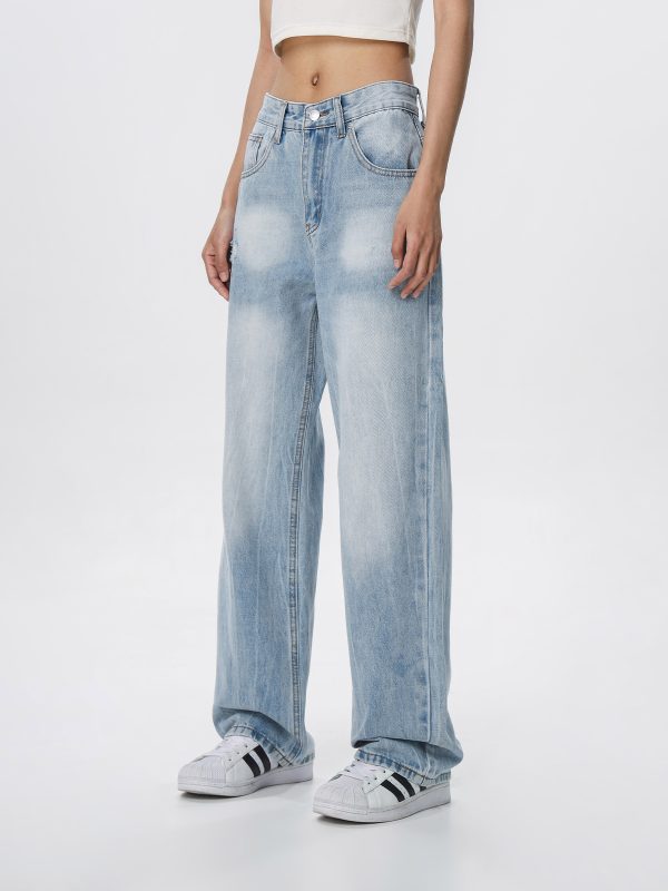 Vintage Wash Distressed Light Blue Straight Leg Jeans for Women | Wide Leg Pants Inspired by 90s American Casual Style