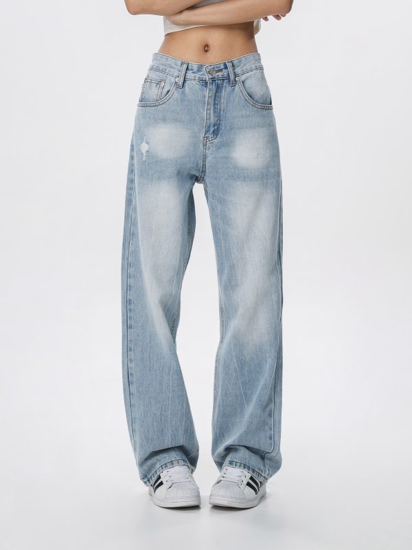 Vintage Wash Distressed Light Blue Straight Leg Jeans for Women | Wide Leg Pants Inspired by 90s American Casual Style