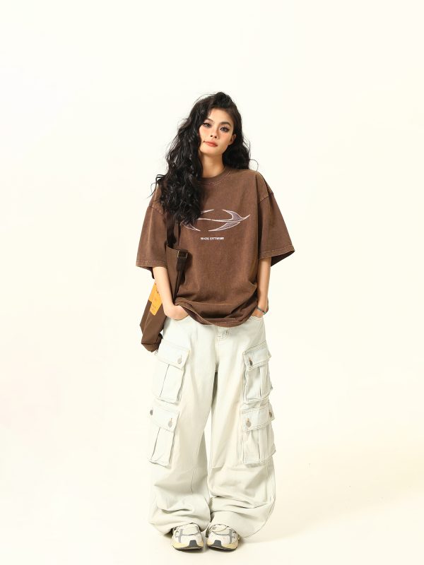Vintage Wash Heavy-Duty Letter Short Sleeve T-Shirt for Men & Women, Loose Fit Casual Couple Top, Retro Style Fashion