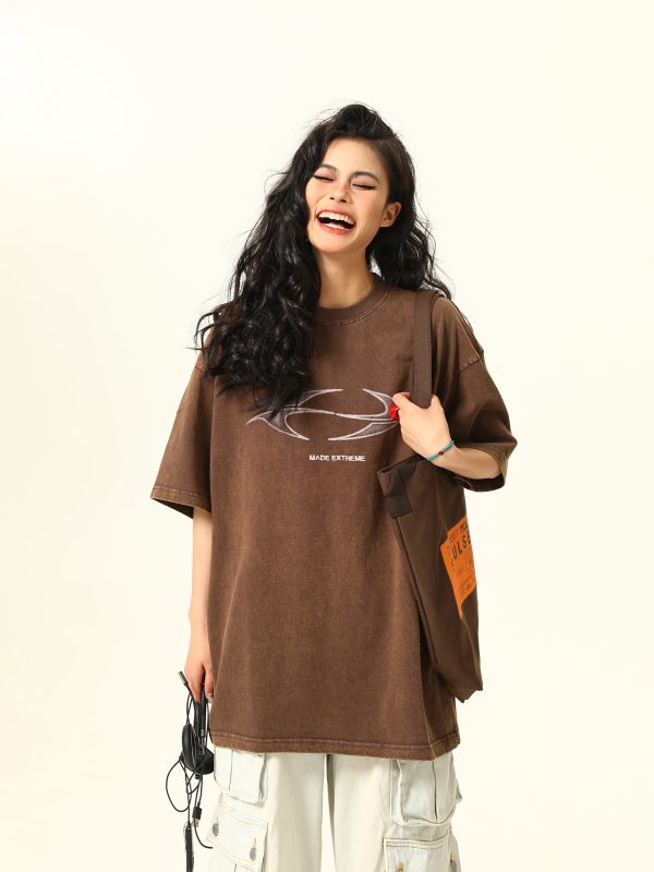 Vintage Wash Heavy-Duty Letter Short Sleeve T-Shirt for Men & Women, Loose Fit Casual Couple Top, Retro Style Fashion