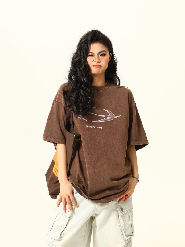 Vintage Wash Heavy-Duty Letter Short Sleeve T-Shirt for Men & Women, Loose Fit Casual Couple Top, Retro Style Fashion