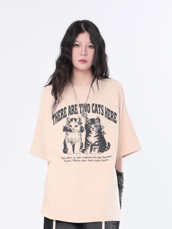 Vintage Washed Black Short Sleeve T-Shirt for Women with Niche Design - Sit and Eat Until the Mountains Are Empty Street Style Cat Graphic