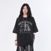 Vintage Washed Black Short Sleeve T-Shirt for Women with Niche Design - Sit and Eat Until the Mountains Are Empty Street Style Cat Graphic