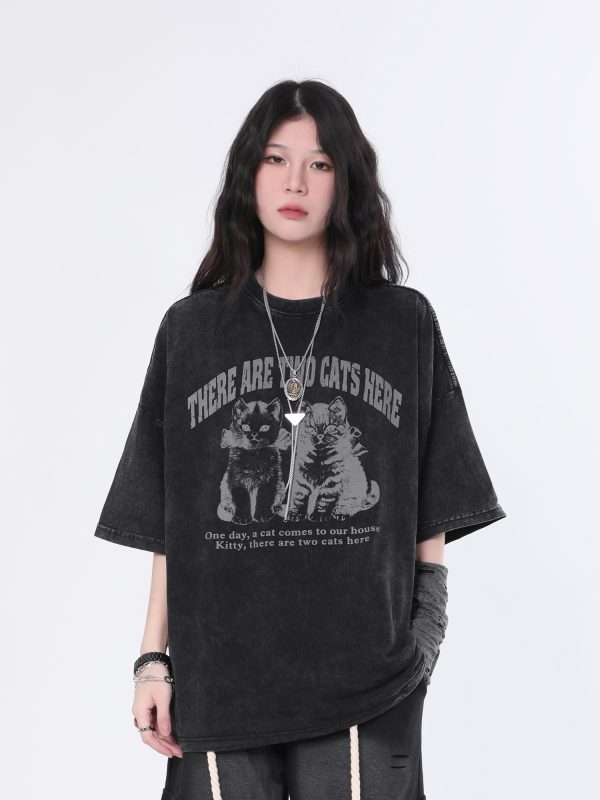 Vintage Washed Black Short Sleeve T-Shirt for Women with Niche Design - Sit and Eat Until the Mountains Are Empty Street Style Cat Graphic