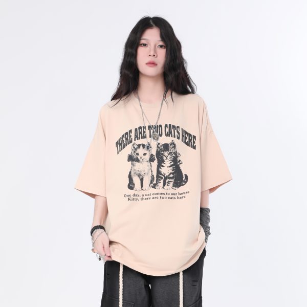 Vintage Washed Black Short Sleeve T-Shirt for Women with Niche Design - Sit and Eat Until the Mountains Are Empty Street Style Cat Graphic