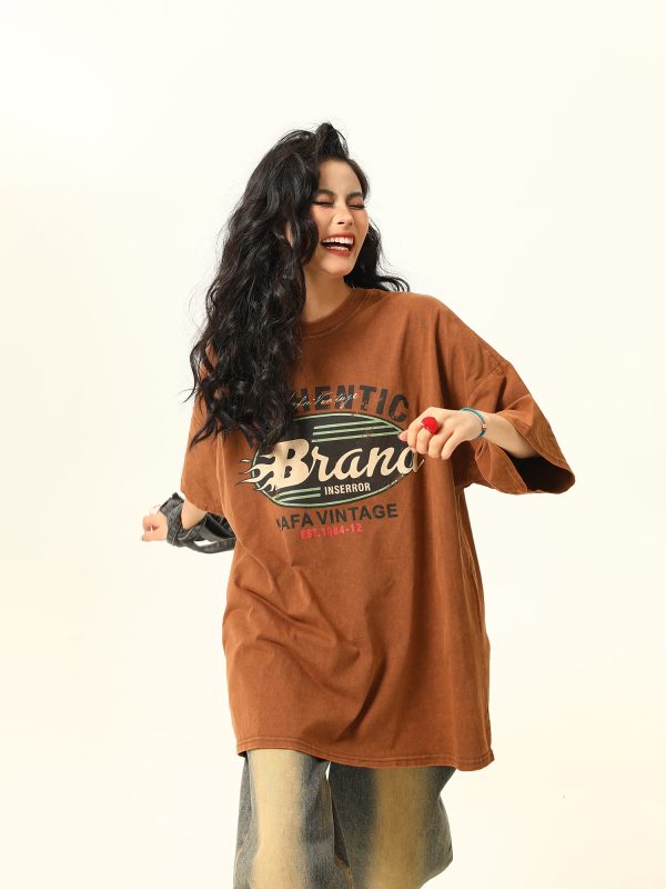 Vintage Washed Dark Brown Unisex Short Sleeve T-Shirt - Retro American Style Loose Fit Couple Tee for Summer Fashion