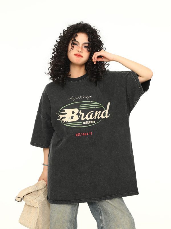 Vintage Washed Dark Brown Unisex Short Sleeve T-Shirt - Retro American Style Loose Fit Couple Tee for Summer Fashion