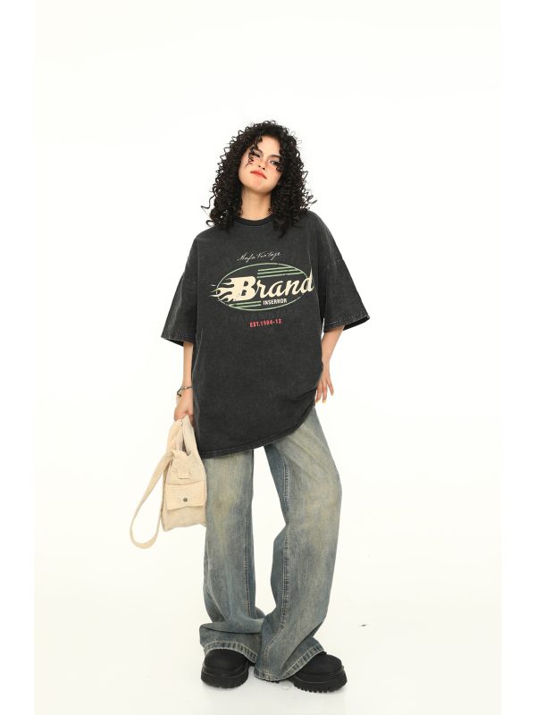 Vintage Washed Dark Brown Unisex Short Sleeve T-Shirt - Retro American Style Loose Fit Couple Tee for Summer Fashion