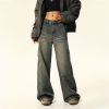 Vintage Washed Denim Wide-Leg Trousers for Women - American Retro Slim Fit Loose Straight Pants for Spring and Summer Fashion