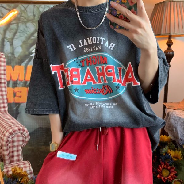 Vintage Washed Distressed T-Shirt for Couples - Heavy-Duty Loose Fit Summer Top - Trendy 90s Style Short Sleeve Tee