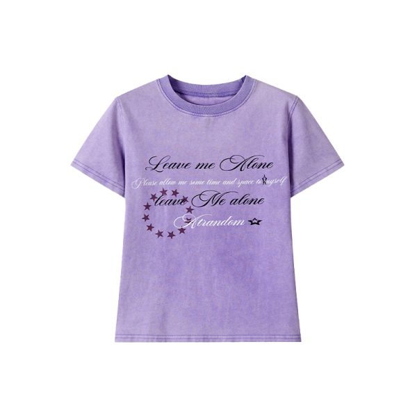 Vintage Water-Wash Casual T-Shirt with Printed Round Neck and Flutter Sleeves - Slightly Fitted Retro Style for Effortless Chic