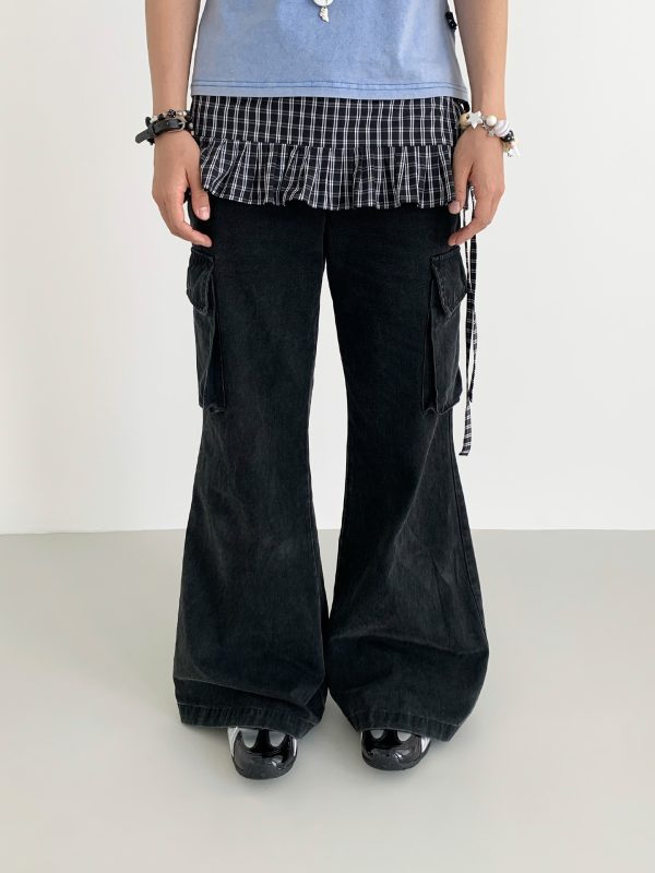 Vintage Water-Washed Flared Low-Waist Cargo Wide-Leg Pants for a 90s Inspired Look