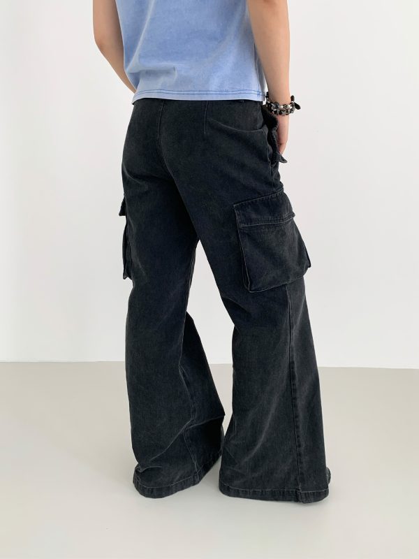 Vintage Water-Washed Flared Low-Waist Cargo Wide-Leg Pants for a 90s Inspired Look